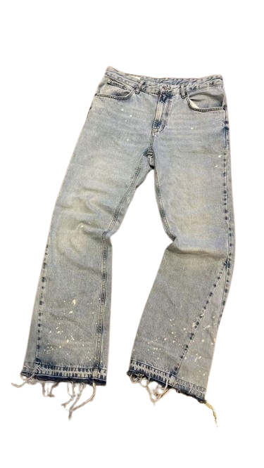 Light-Wash Distressed Paint Splatter Flare Jeans